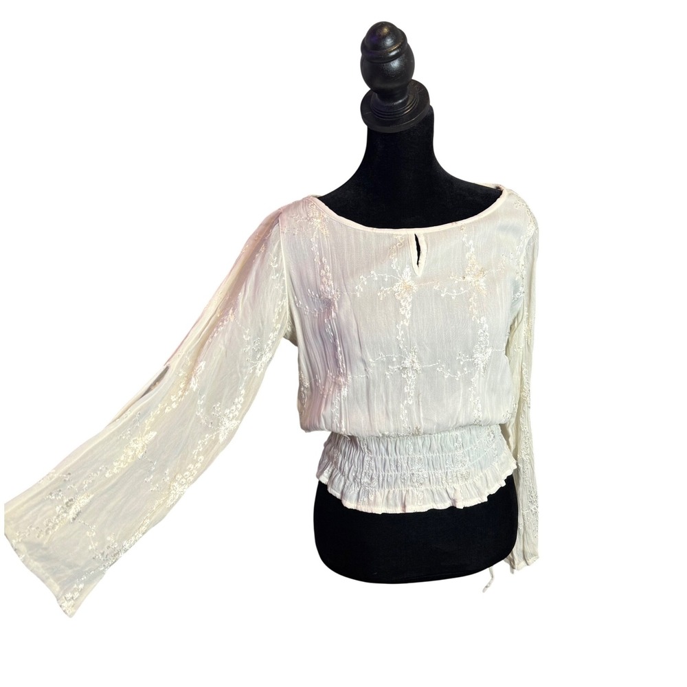 Women's Embroidered Smocked Top Size S Ethereal Fairycore Split Sleeve Sheer
